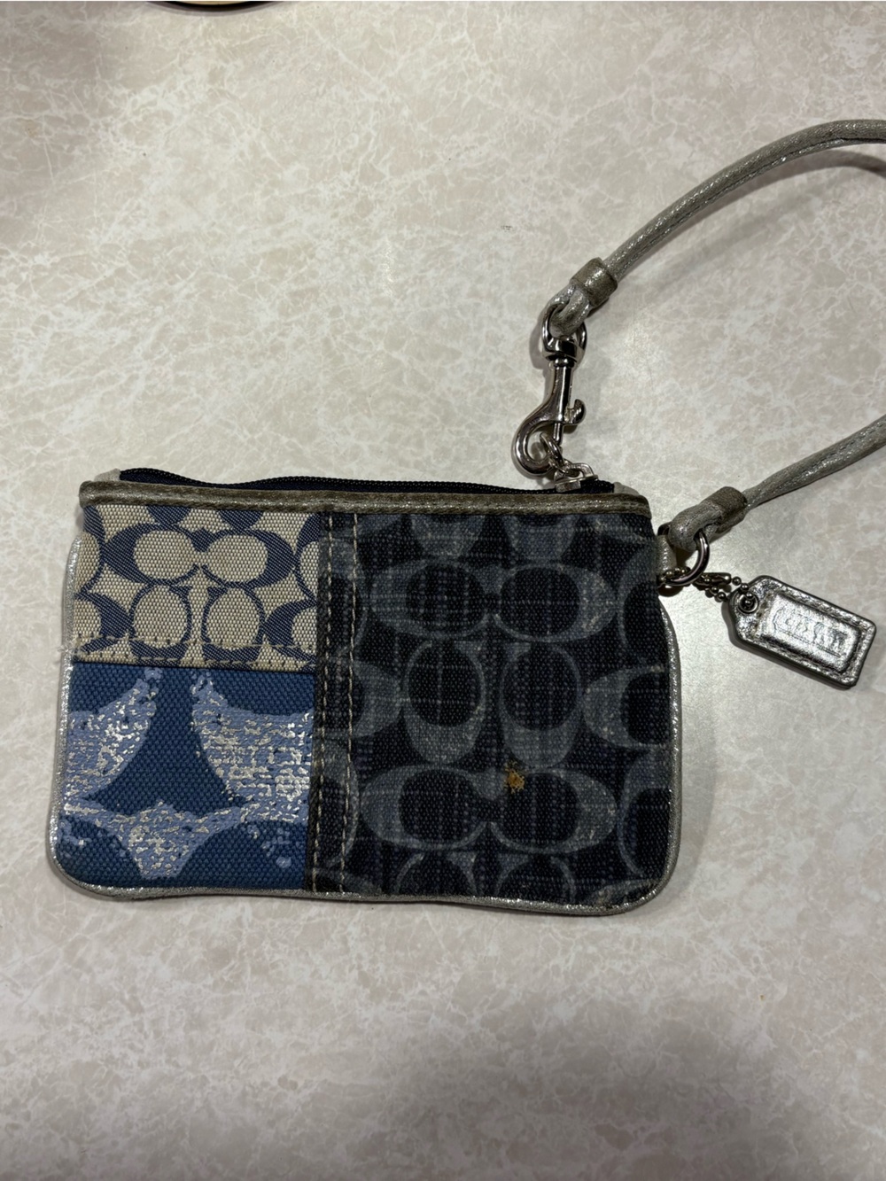 Coach Patchwork Signature Wristlet in Blue, Gray and Cream